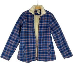 VTG Ellen Ortan Wool Blend Jacket Women M Blue Plaid Sherpa Lined Zip Lumberjack